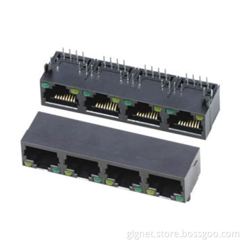 1*4 port RJ45 socket, tab down, R/A type with LED, flat pin